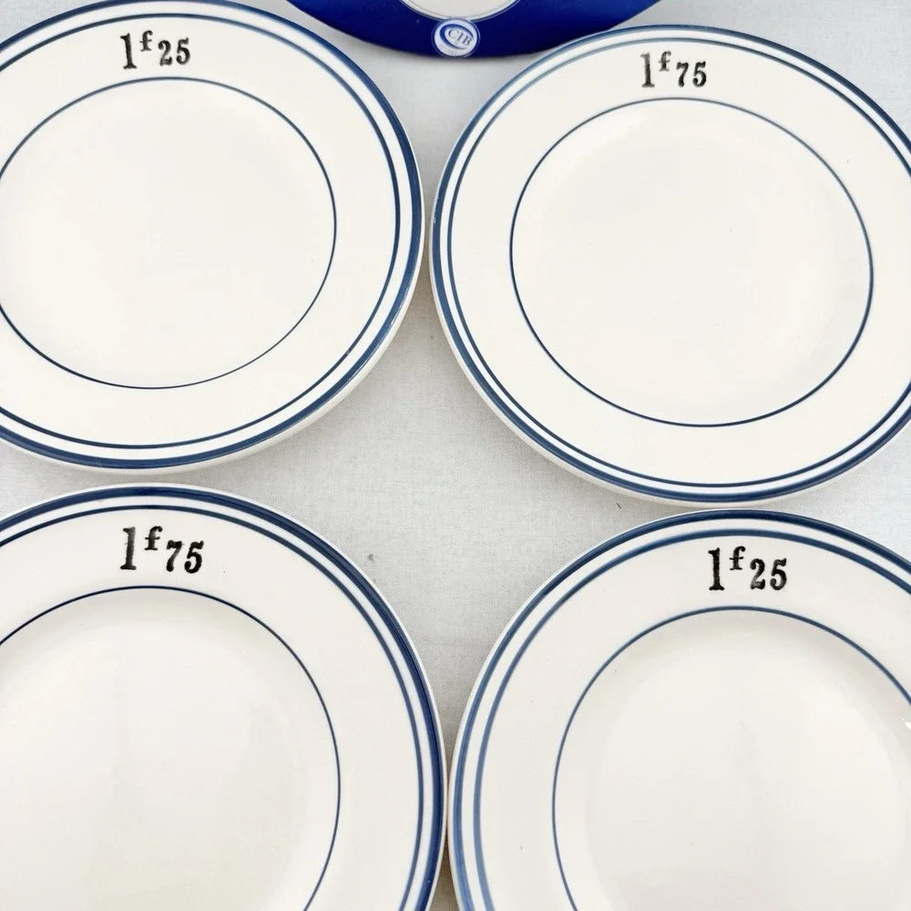 Vintage Sur La Table French Bistro Appetizer Plates Set Antique Check Bill Style